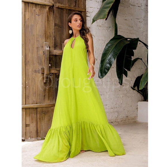 Lime Green Flowy Halter Cutout Maxi Flared Dress Backless Open Back - Picture 2 of 10